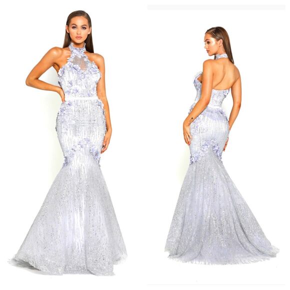 PORTIA AND SCARLETT Ice Queen Blue Silver Glitter Flower Halter Mermaid Gown 0 - Picture 1 of 12